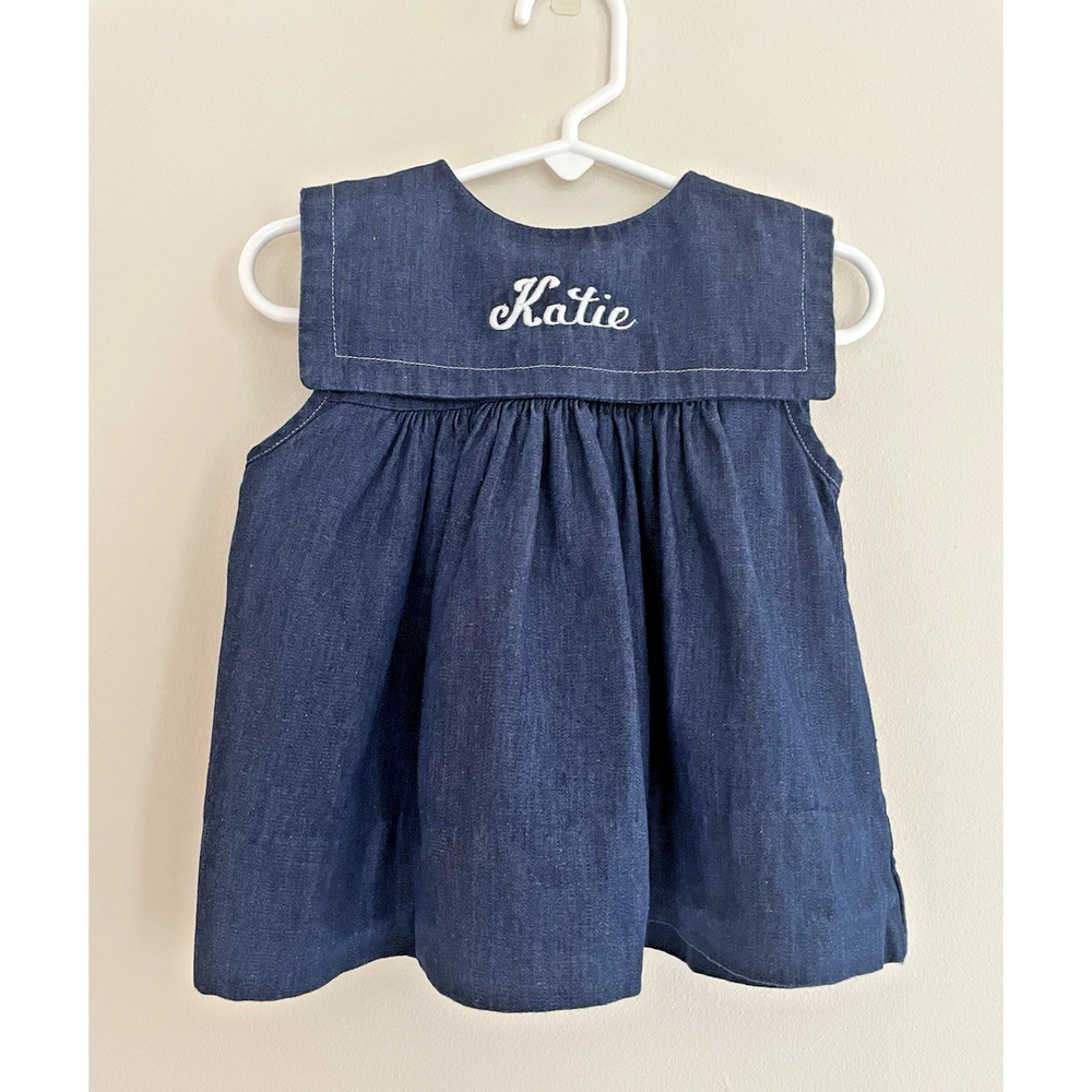 Baby Girl Denim Sailor Dress with Embroidered Name Katie Sleeveless 18months